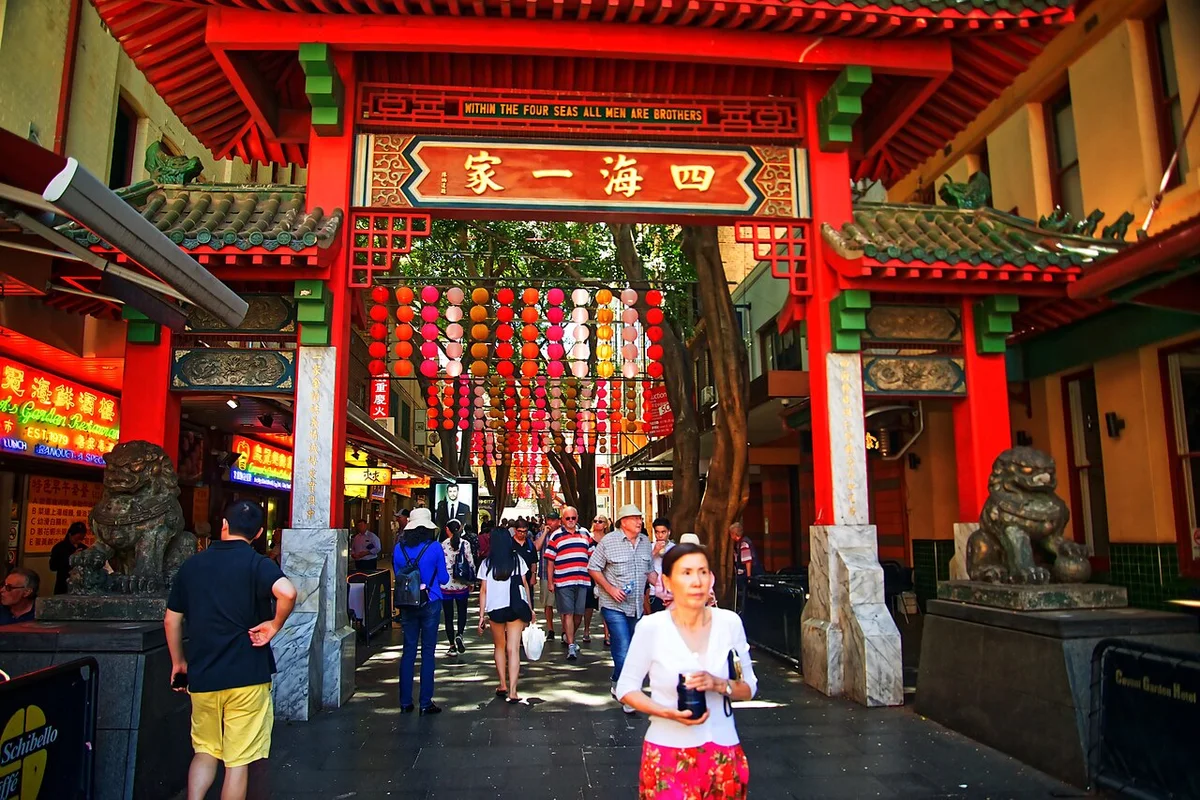 Red ceremonial gate and lanterns at Sydney Chinatown on Dixon Street